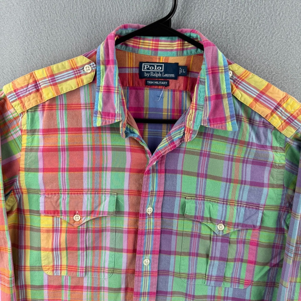 Polo Ralph Lauren Shirt Mens Large Trim Military Plaid Button Up Epaulettes - Picture 2 of 14